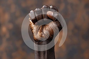 The hand of an African American with a fist raised to the top symbolizing freedom and equal rights. Emancipation and Freedom Day