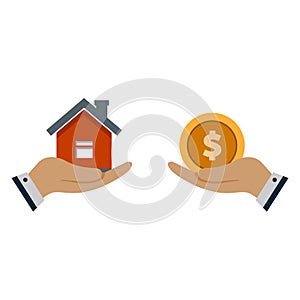 A hand agent with a house in the palm of your hand. Exchange of a house for money. Proposal of buying a house, renting real estate
