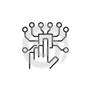 Hand and AI Chip vector Artificial Intelligence concept thin line icon