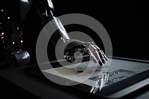 The hand of an ai robot working on a tablet created with generative AI technology