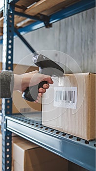 Hand aims barcode scanner at a barcode on a cardboard box