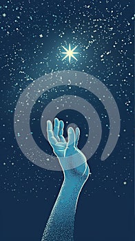 A hand amid stars reaching for the brightest one, embodying goals, inspiration, or longing for the unreachable