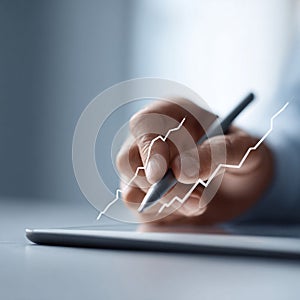 Hand analyzes rising graph on tablet, symbolizing growth, success, and datadriven decisions. Suitable for finance, business, and photo