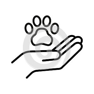 Hand with animal paw icon. Pet friend human, love for a dog or cat. Paw print. Care pet concept
