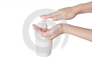 Hand antibacterial sanitizer dispenser pump, alcohol gel to wash hands, liquid soap to clean hands free from viruses and diseases.