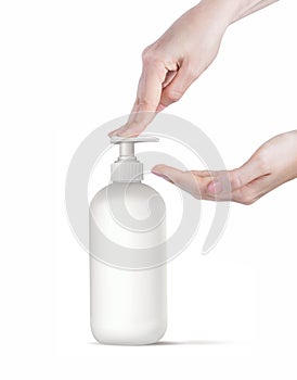 Hand antibacterial sanitizer dispenser pump. Cosmetic bottle with dispenser liquid container for gel, lotion,  3d illustration