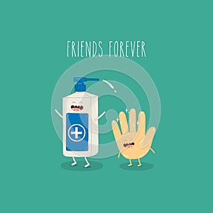 Hand and antiseptic friends forever. Vector illustration
