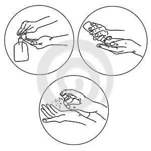 Hand antiseptic treatment, various forms of antiseptics in the form of a gel or spray, personal hygiene products