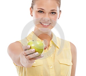 Hand, apple or portrait of happy woman giving a healthy choice isolated on white background. Nutrition vitamins, smile