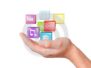 Hand with application software icons. social media