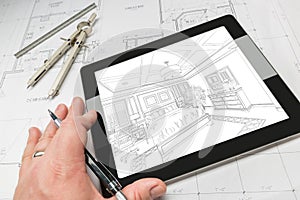 Hand of Architect on Computer Tablet Showing Bedroom Illustratio