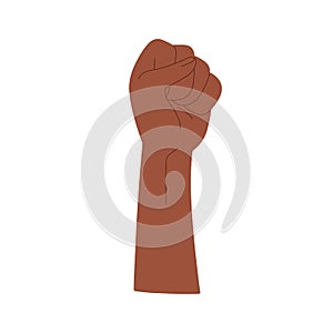 Hand, arm of black person raised up. Clenched fist of African-American activist, rising for freedom, BLM, resisting race