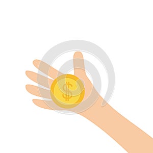 Hand arm holding dollar sign golden coin money. Helping hands concept. Close up body part. Business donation. Flat design style. W