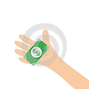 Hand arm holding paper money dollar sign. Helping hands concept. Close up body part. Business donation. Flat design style. White b