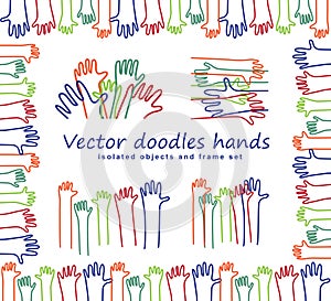 Hand arms doodles lines isolated objects and frame set