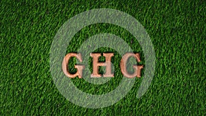 Hand arrange wooden alphabet text in GHG on biophilic background. Gyre