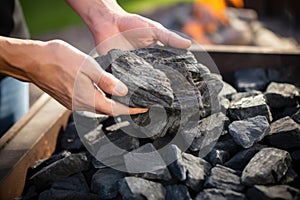 hand arranging charcoal for indirect grilling method