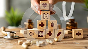 Hand arranging wood block stacking with icon healthcare medical. Insurance for your health concept