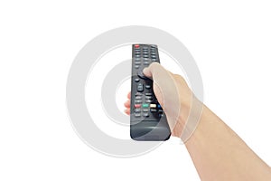 Hand of Asian man is hold remote control and press it isolated on white background