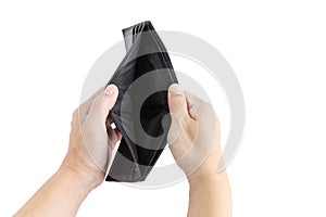 The hand of an Asian merchHand of a white Asian man opening his wallet which is empty on isolate a white background with clipping