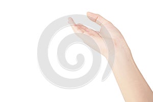 Hand of Asian woman is reach palm up for get something isolated on white background