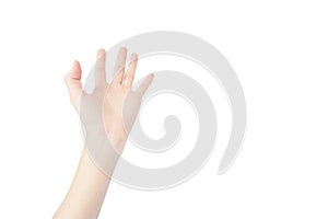 Hand of Asian woman is reach palm up for get something isolated on white background