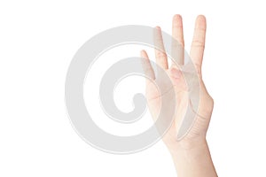 Hand of Asian woman show symbol gesture that number four isolated on white background