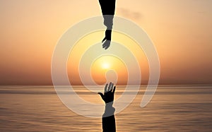 Hand Asking help From god Concept. Helping Hand Against Sunset Sea background. People helping, God salvation and Get Hired