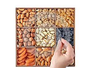 Hand with assorted nuts and dried fruit collection. Different superfoods. Vegetarian snack of different nuts. organic mixed nuts