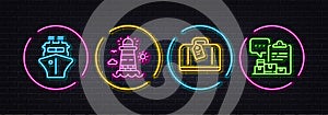 Hand baggage, Ship and Lighthouse minimal line icons. For web application, printing. Neon laser 3d lights. Vector