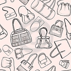 Hand bags fashion seamless sketch pattern.