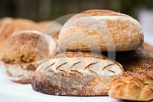 Hand-baked breads and cakes on a table