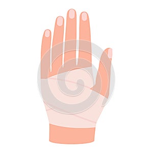 Hand with bandage. First aid, protection in case of burn of skin, physical trauma, wound. Clean bandage, patch. Injury