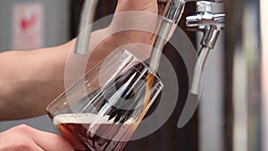 Hand of bartender pouring a large glass of lager beer with tap. Beer degustation. Concept of alcohol drink