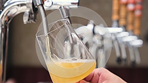 Hand of bartender pouring a large glass of lager beer with tap. Beer degustation. Concept of alcohol drink