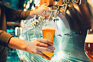 Hand of bartender pouring a large lager beer in tap.