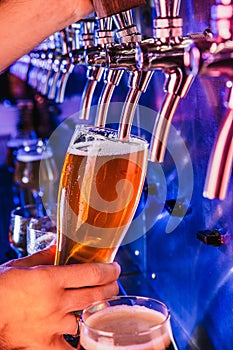 Hand of bartender pouring a large lager beer in tap