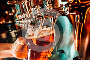 Hand of bartender pouring a large lager beer in tap