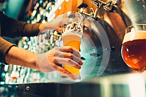 Hand of bartender pouring a large lager beer in tap.