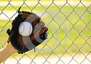 Hand of Baseball Player with Glove and Ball over Field