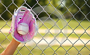 Hand of Baseball Player with Pink Glove and Ball over Field