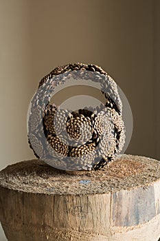 Hand basket made of pine cones placed on log