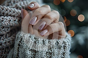 A hand with beautiful lavender colored nail polish on her fingernails, wearing a white knitted sweater in front of a