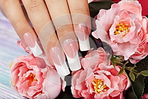 Hand with beautiful long artificial french manicured nails photo