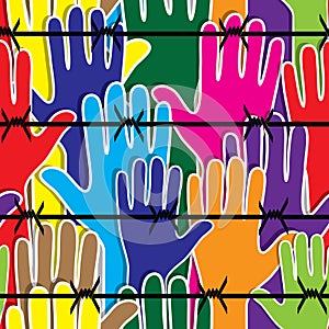 Hand behind barbed wire seamless vector