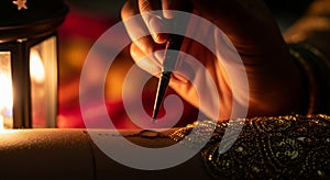 Intricate Henna Design on Hand at Night