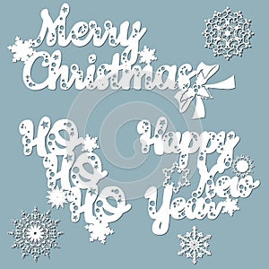 Hand bell, bows, tapes, snowflake. Vector. Plotter cutting. Cliche. The image with the inscription - merry Christmas