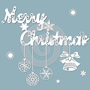 Hand bell, bows, tapes, snowflake. Vector. Plotter cutting. Cliche. The image with the inscription - merry Christmas