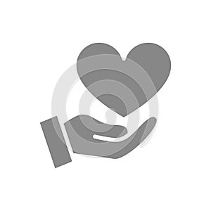 Hand with big heart, giving a love gray icon. Charity, donation, like symbol