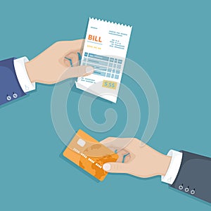 Hand with bill and credit card. Illustration sales shopping check, receipt, invoice, order. Paying bills. Payment of goods service